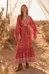 Red Floral Viscose Kimono Dress Summer Long Wrap Neck Belted Boho Model