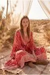 Red Floral Viscose Kimono Dress Summer Long Wrap Neck Belted Boho Model