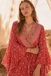 Red Floral Viscose Kimono Dress Summer Long Wrap Neck Belted Boho Model