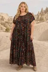 Kadın Büyük Beden Kahverengi Viskon Elbise Cepli Etnik Desenli Yazlık Uzun Boho Model
