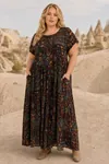 Kadın Büyük Beden Kahverengi Viskon Elbise Cepli Etnik Desenli Yazlık Uzun Boho Model
