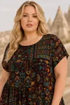 Kadın Büyük Beden Kahverengi Viskon Elbise Cepli Etnik Desenli Yazlık Uzun Boho Model