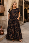Kadın Büyük Beden Siyah Kısa Kol Viskon Elbise Cepli Etnik Desenli Yazlık Uzun Boho Model
