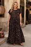 Plus Size Women Black Short Sleeve Viscose Dress Pocket Ethnic Print Summer Long Boho Model