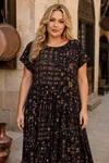 Plus Size Women Black Short Sleeve Viscose Dress Pocket Ethnic Print Summer Long Boho Model