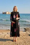 Women’s Black Viscose Maternity Dress Mandarin Collar Three Quarter Sleeve Summer Long Fish Print Shirt Model