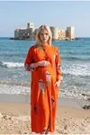 Women’s Orange Pocket Viscose Maternity Dress Mandarin Collar Three Quarter Sleeve Summer Long Fish Print