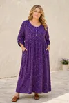 Plus Size Women Floral Viscose Dress Purple Summer Long Pocket Model