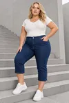 Navy Blue Women's Plus Size Summer Tencel Stretch Rhinestone Detail Capri Bermuda Denim Pants