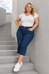 Navy Blue Women's Plus Size Summer Tencel Stretch Rhinestone Detail Capri Bermuda Denim Pants