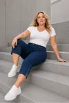 Navy Blue Women's Plus Size Summer Tencel Stretch Rhinestone Detail Capri Bermuda Denim Pants