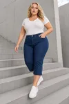 Navy Blue Women's Plus Size Summer Tencel Stretch Rhinestone Detail Capri Bermuda Denim Pants