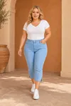 Navy Blue Women's Plus Size Summer Tencel Stretch Rhinestone Detail Capri Bermuda Denim Pants