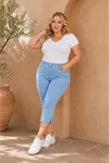 Navy Blue Women's Plus Size Summer Tencel Stretch Rhinestone Detail Capri Bermuda Denim Pants